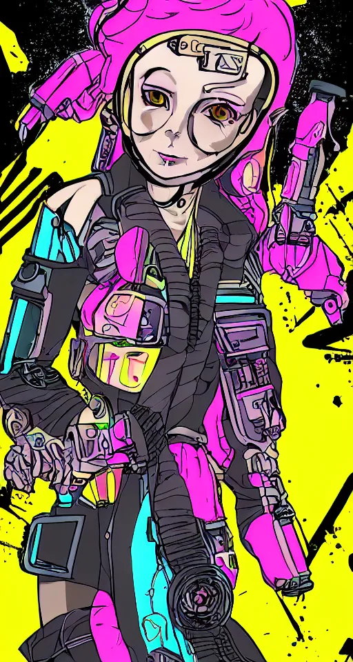 Image similar to portrait of a female cyborg cyberpunk gutterpunk, yellow and pink, in the style of manga