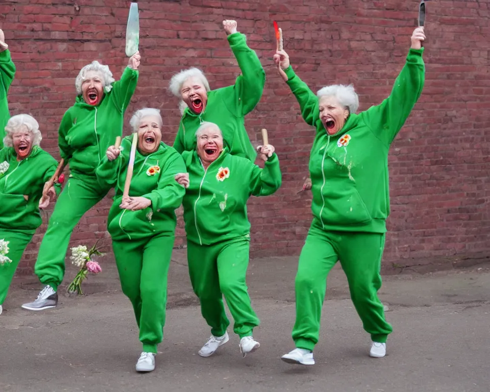 Prompt: a gang of old ladies waving large knives covered in blood, and carrying flowers, and wearing green Umbro track suits laughing maniacally and screaming