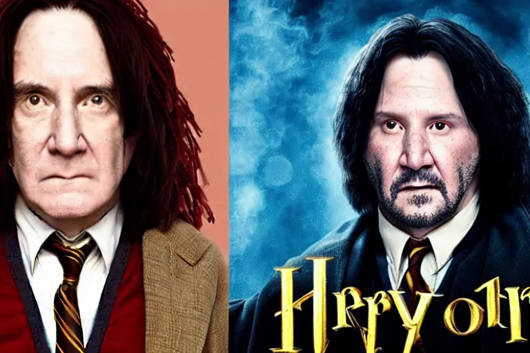 Image similar to Movie poster for Harry Potter with Danny DeVito as Albus Dumbledore and Keanu Reeves as Severus Snape