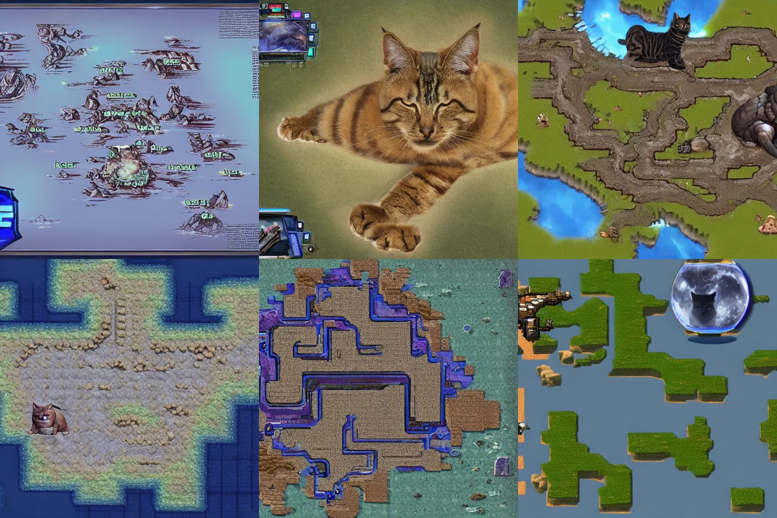 Prompt: a giant cat sitting on a Starcraft map