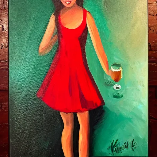 Prompt: oil painting of a girl in a red dress on a date night