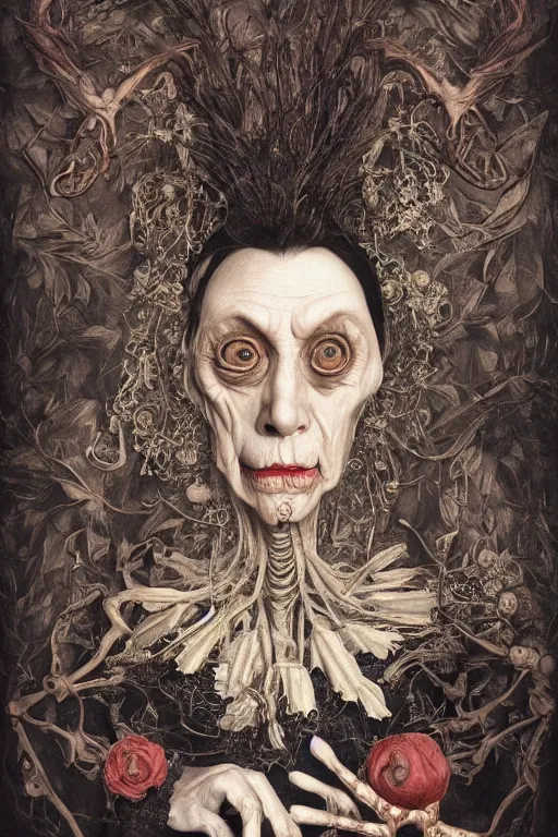 Prompt: Detailed maximalist portrait of a beautiful old woman with large lips and eyes, scared expression, botanical skeletal with extra flesh, HD mixed media, 3D collage, highly detailed and intricate, surreal illustration in the style of Caravaggio, dark art, baroque