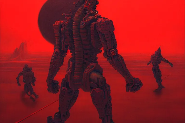 Image similar to only with red, a red cyborg samurai, tokio futuristic in background, some evil yokai, in the style of beksinski, parts by edward hopper, parts by rodcenko, parts by yue minjun, intricate and epic composition, red by caravaggio, insanely quality, highly detailed, masterpiece, red light, artstation, 4 k