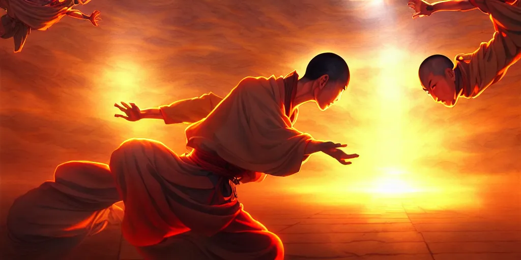 Prompt: [ shaolin monks. orbs of light hover over their open palms ]. fantasy art, digital painting, golden hour, 8 k, highly detailed. realistic award, disney concept art, watercolor splash, epic mythology, illustration by style of makoto shinkai takashi takeuchi yoshiyuki sadamoto, greg rutkowski chiho aoshima