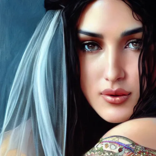 Image similar to Beautiful face Portrait of young arab Monica Bellucci, blue eyes with transparent contact lenses, long wavy black hair, white veil, closeup, focus face, colored, middle eastern, dramatic lighting, intricate, wild, highly detailed, digital painting, artstation, concept art, smooth, sharp focus, illustration, art by artgerm and greg rutkowski and alphonse mucha, footage from space camera