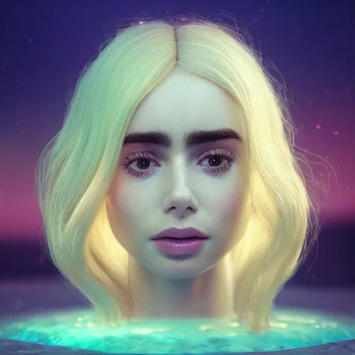 Image similar to a beautiful blonde queen girl lily collins, floating under the deep dream water, beautiful smooth soft light + white petal, oil paint, octane render, unreal engine 5, closeup, 4 k, highly detailed, instagram,