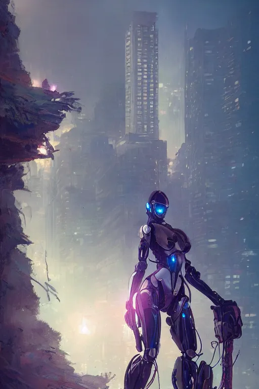 Image similar to humanoid robot standing on cliff in front of over grown new york, art by guweiz, dramatic lighting, highly detailed, incredible quality, trending on artstation