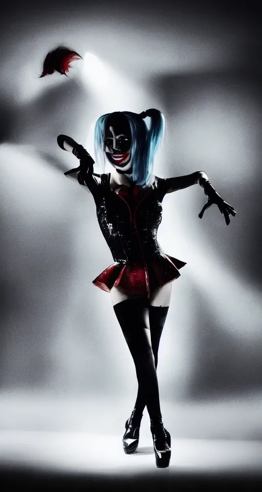 Image similar to photograph of Lady Gaga portraying Harley Quinn in a dancing pose in the movie Joker 2023, moody lighting, award winning photo by Annie Leibovitz, 4k