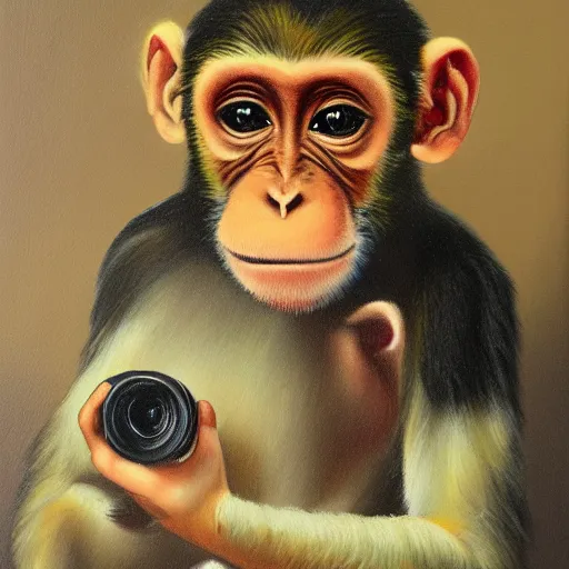 Image similar to Portrait of Monkey holding a camera, oil painting