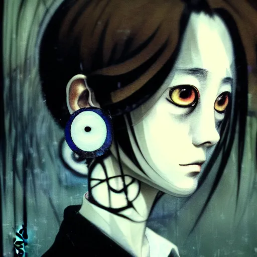 Image similar to yoshitaka amano blurred and dreamy realistic three quarter angle horror portrait of a sinister young woman with short hair, big earrings and white eyes wearing office suit with tie, black and white junji ito abstract patterns in the background, satoshi kon anime, noisy film grain effect, highly detailed, renaissance oil painting, weird portrait angle, blurred lost edges