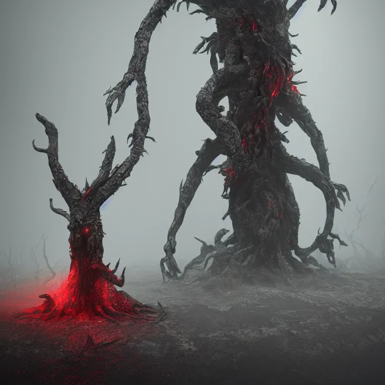 Image similar to a bloody tree demon monster on hell, dark, foggy, eerie, splash, sparkle, smoke, particles, octane render, unreal engine, artstation, digital art.