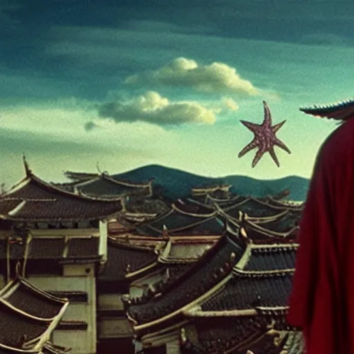 Image similar to a goryeo budhist icon of ONE giant Kaiju Starfish Monster over a traditional village, minimal cinematography by Akira Kurosawa, hyperrealistic movie filmstill, single subject, monster over city, dramatic minimal composition