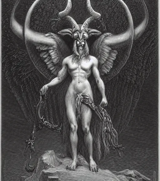 Prompt: baphomet pencil illustration by gustave dore, highly detailed, centered, concept art, smooth, sharp focus, illustration