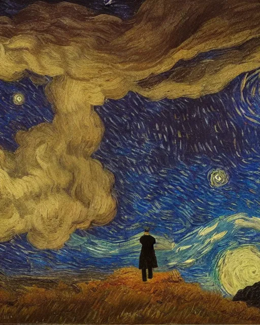 Prompt: a person looking at the night sky with stars, colorful, beautiful, national geographic, very detailed, astrophotography, oil painting, canvas, Vincent van Gogh, Caspar David Friedrich, Theodor Kittelsen, Sydney Mortimer Laurence, Albert Bierstadt
