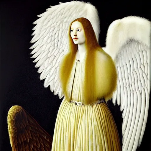 Image similar to highdetailed hyperrealistic painting of white angel!!! no gender!!!, giant ball of miracle light from the chest!!!!!, 4 k hd fur face!!!, big wings, by jan van eyck, holography space, white sparkles everywhere, thin strokes, white monochrome color!!!!!