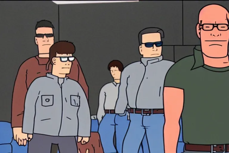 Image similar to hank hill from king of the hill as a terminator, protecting bobby hill as john connor, movie still, from the movie terminator 2 judgement day, 8 k, cinematic lighting