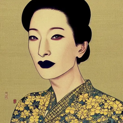 Image similar to “ cate blanchett portrait by ikenaga yasunari and ayana otake and ko rakusui, 6 0 s poster, drawing, realistic, sharp focus, japanese, dreamy, nostalgia, faded, golden hues, floral clothes, porcelain skin ”