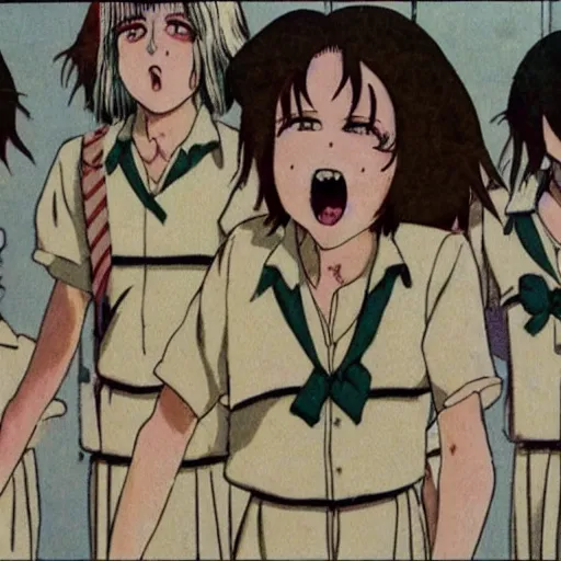 Image similar to screenshot from guro anime, 8 0's horror anime, yellowed grainy vhs footage with noise, four schoolgirls trapped in a bathroom, bathroom stalls and sinks and tiled floor, girls are in beige sailor school uniforms, one girl has white hair, detailed expressive faces, various hair colors and styles, in the style of studio ghibli,