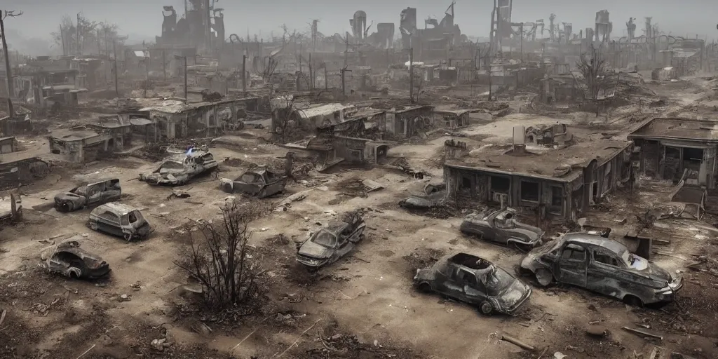 Image similar to wide angle shot of dilapidated fallout 5 city in real life, desolate dilapidated overgrown town, empty streets, nightmarish, some rusted retro futuristic fallout style parked cars and trucks, overcast, blankets of fog pockets, rain, volumetric lighting, beautiful, daytime, spring, sharp focus, ultra detailed, cgsociety