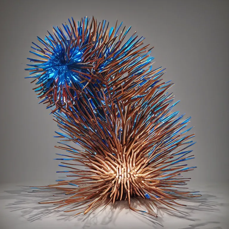 Image similar to hyperrealistic sculpture of a bronze ancient fossilized sea urchin curved spikes with opalescent blue and iridescent red spraypaint in a plywood grid cage on a pedestal by ron mueck and duane hanson and lee bontecou, hyperrealistic dramatic colored lighting trending on artstation 8 k