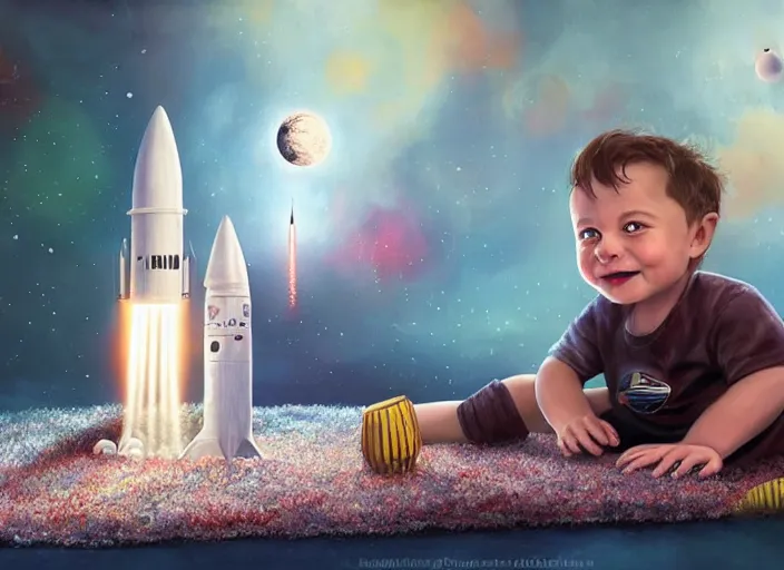 Prompt: toddler elon musk sitting on a shaggy rug playing with his little space rockets, realistic painting, beautiful soft lighting, istvan sandorfi