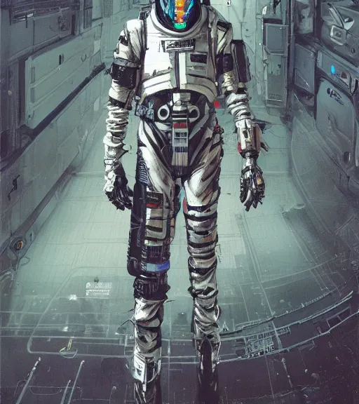 Image similar to realistic cyberpunk engineer with long limbs and a black spacesuit on a spacewalk, techwear, dead space, visible face, Industrial Scifi, detailed illustration, character portrait, by Ashley Wood and Moebius