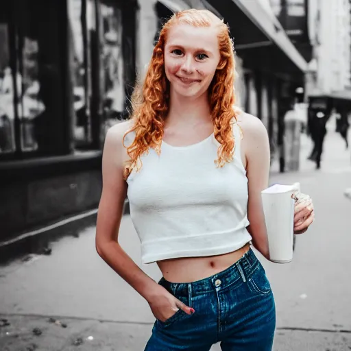 Image similar to Portrait photograph of a Strawberry-Blonde Girl, Young Beautiful Face, Green Eyes, Freckles, Wearing a white crop-top and jeans, with a subtle smile, Humans of New York Style, Leica Camera 50mm lens, street photography, aesthetic canon of proportions, grainy film photo