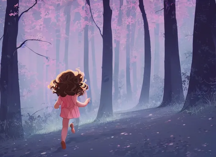 Prompt: little girl with short wavy curly light brown hair chasing will o the wisp in the woods. clean cel shaded vector art. shutterstock. behance hd by lois van baarle, artgerm, helen huang, by makoto shinkai and ilya kuvshinov, rossdraws, illustration, art by ilya kuvshinov