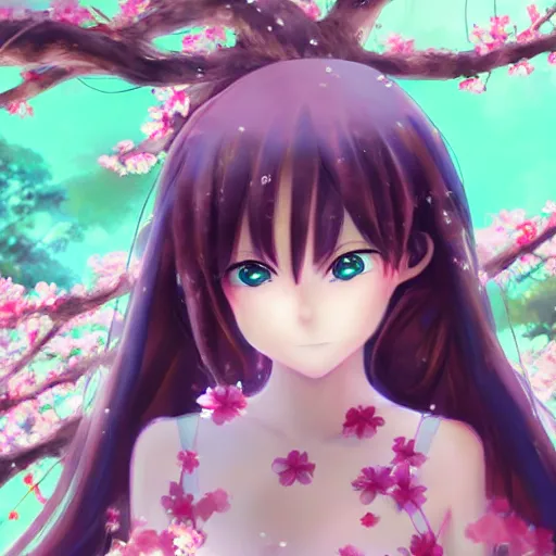 Image similar to 3d rendered anime girl with cherry blossoms as clothing in a flower garden, fantasy art, hyper realistic, detailed, ultra detailed, dynamic lighting, fantasy concept art