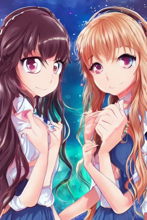 Image similar to two identical beautiful female idols standing face to face, detailed anime art