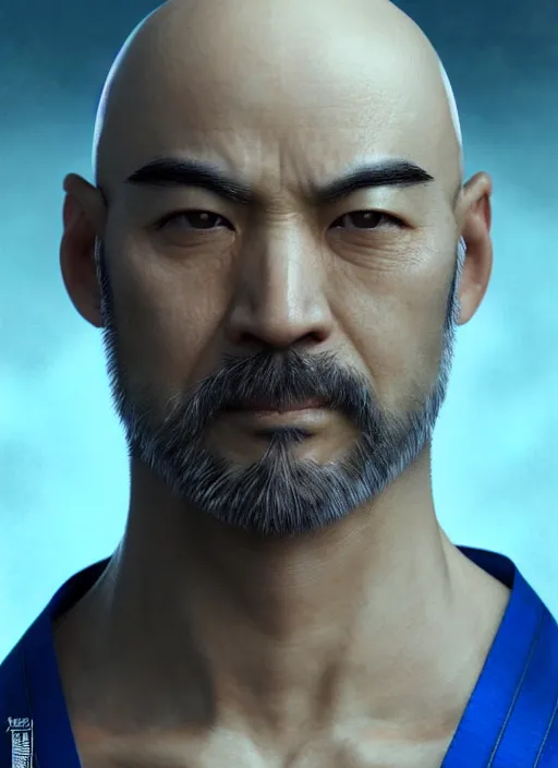 Image similar to bald male martial artist with a ponytail at the top of his head!!! asian facial features and blue eyes!! intricate ornate blue robes!! character concept art, sharp focus, octane render! unreal engine 5! highly rendered!! trending on artstation!! detailed linework!! illustration by artgerm, wlop, and chie yoshii