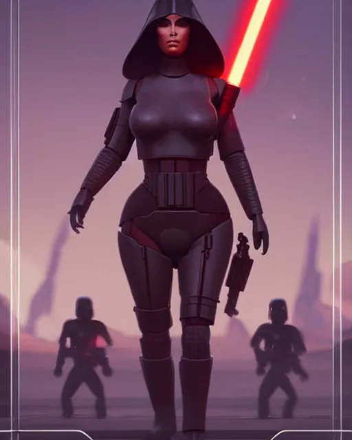 Prompt: kim kardashian : : young woman : : as hot star wars android woman by marvel trading card : : by greg rutkowski, wlop, instagram, unreal engine, : :