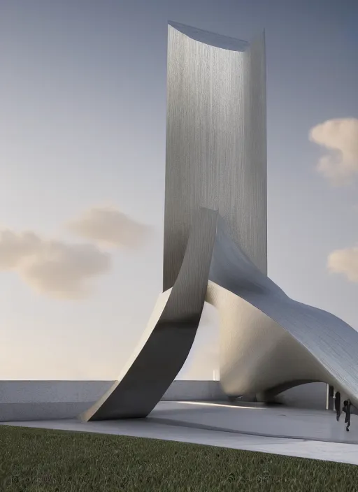 Image similar to highly detailed realistic architecture 3 d render of a metallic wooden stele monument in zaha hadid style standing on a side of a road, archdaily, made in unreal engine 4 octane render