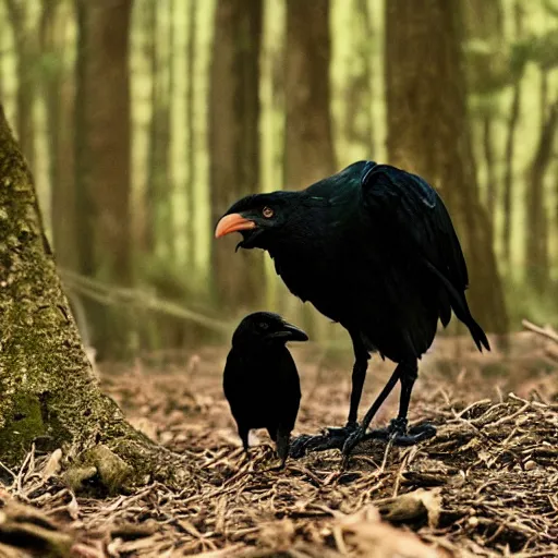 Image similar to !!! chimera consisting of male human and crow, photograph captured in a forest