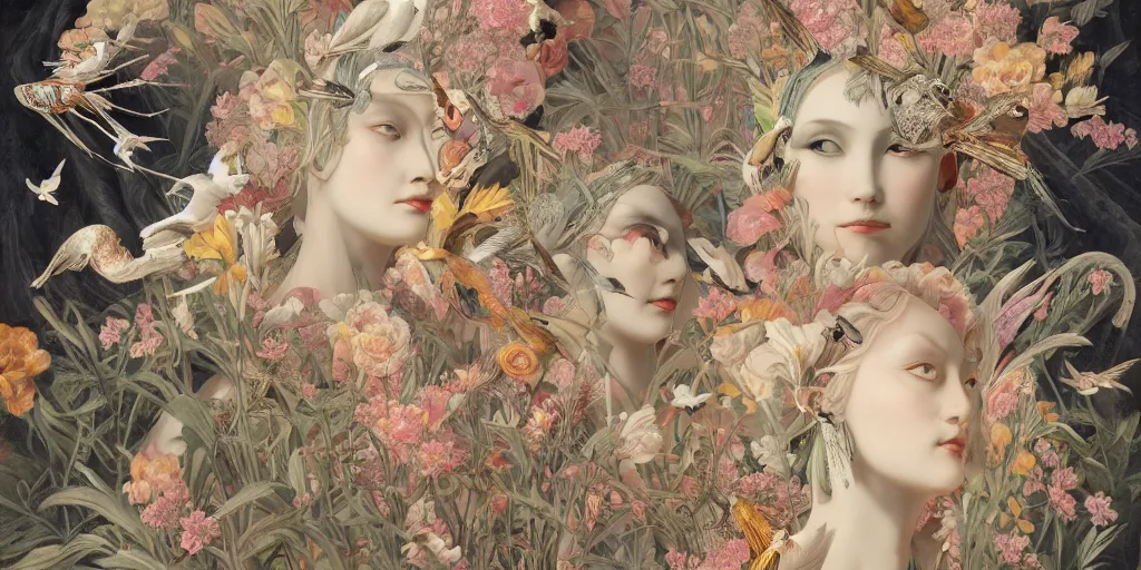 Image similar to breathtaking detailed concept art painting art deco pattern of blonde faces goddesses amalmation insects with anxious piercing eyes and blend of flowers and birds, by hsiao - ron cheng and john james audubon, bizarre compositions, exquisite detail, extremely moody lighting, 8 k