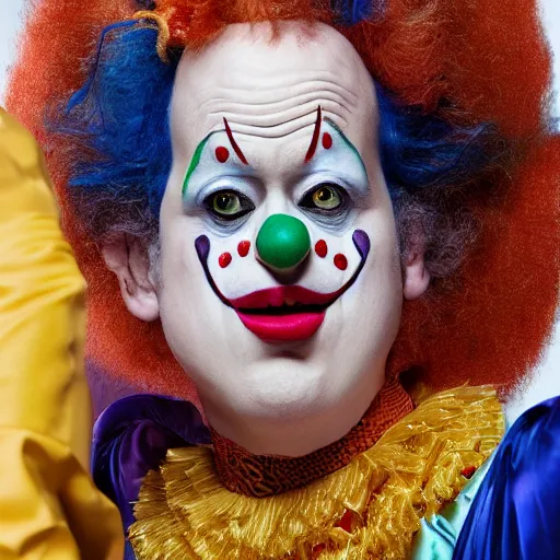 Image similar to uhd candid photo of krusty the clown wearing bizarre clown makeup, intricate details. photo by annie leibowitz photorealisitc hyperdetailed