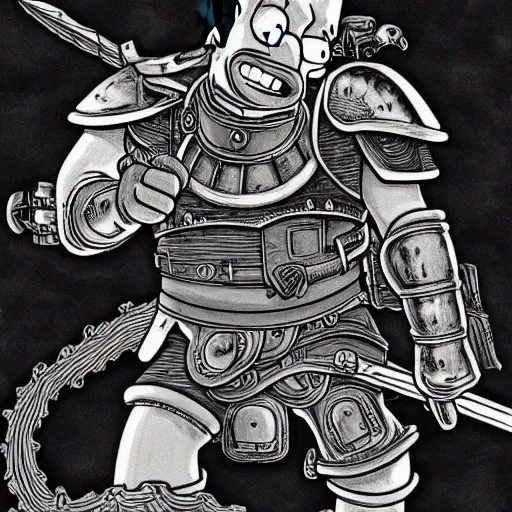 Image similar to homer simpson fighting guts from berserk wearing heavy armor, cinematic, manga style, black ink, hyperdetailed, ghibli