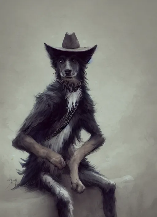 Prompt: wide angle beautiful full body portrait of a strong male anthropomorphic anthro border collie fursona in cowboy hat sitting on a curb, character design by charlie bowater, henry asencio, and ross tran, disney, detailed, sharp focus, matte, aesthetic, trending on artstation, furaffinity, deviantart