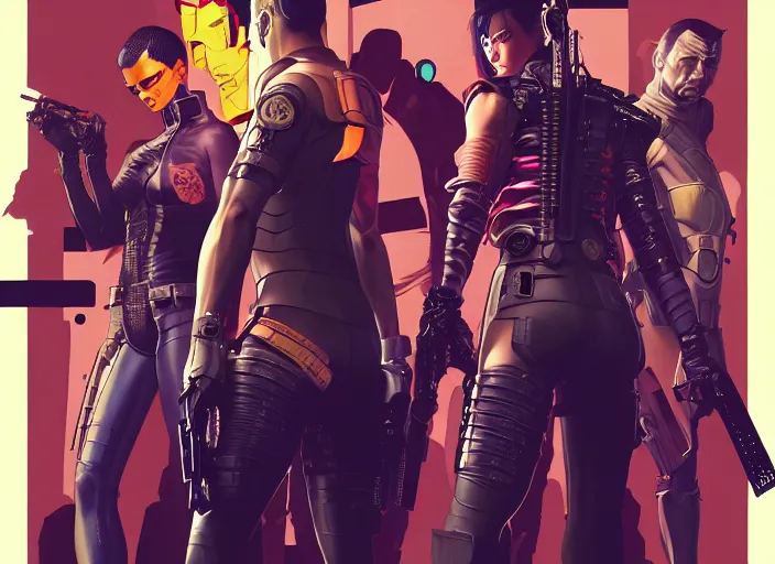 Image similar to cyberpunk samurai squad. portrait by stonehouse and mœbius and will eisner and gil elvgren and pixar. character design. realistic proportions. cyberpunk 2 0 7 7 character art, blade runner 2 0 4 9 concept art. cel shading. attractive face. thick lines. the team. diverse characters. artstationhq.