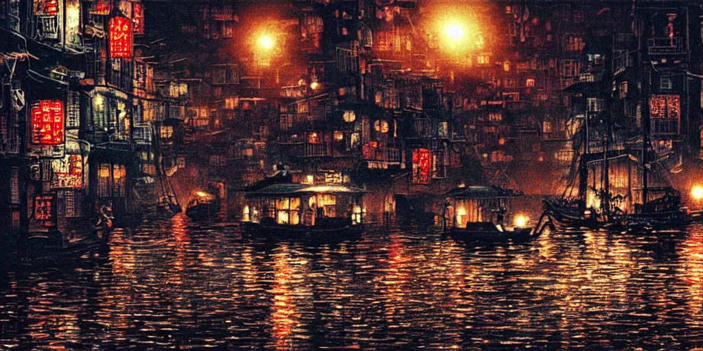 Image similar to cruiser sailing on flooded miniature kowloon city at night, raining, art by yoshitaka amano, and artgerm, pixel art