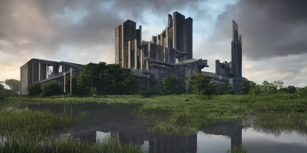 Image similar to an extremely detailed cathedral of brutalist architecture, surrounded by lush green forest, accurate reflections in murky ponds of water, stunning volumetric lighting, sunset, rusted steel, smooth concrete, stunning skies, trending on Artstation, 8k, photorealistic, hyper detailed, unreal engine 5, IMAX quality, cinematic, epic lighting, in the style of Greg Rutkowski