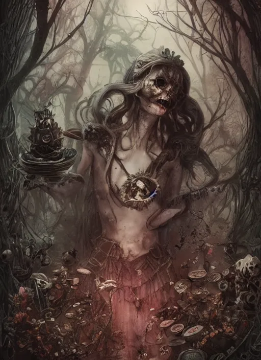 Prompt: Alice in Wonderland Death Tarot card,highly detailed,cinematic,8k,by Stanley Artgermm,Tom Bagshaw,Greg Rutkowski,Carne Griffiths, Ayami Kojima, Beksinski, Giger,trending on DeviantArt,hyper detailed,horror, full of colour