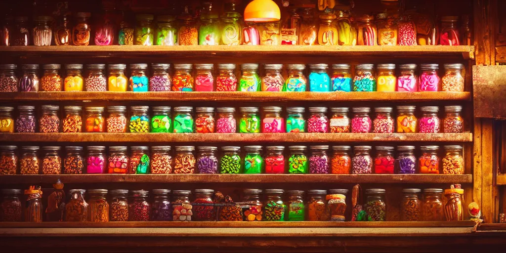 Image similar to Inside an old sweet shop, large jars on shelves, beautiful labels, fantasy vendor interior, wide angle, cinematic, highly detailed, photorealistic, rich bright colors, trending on artstation