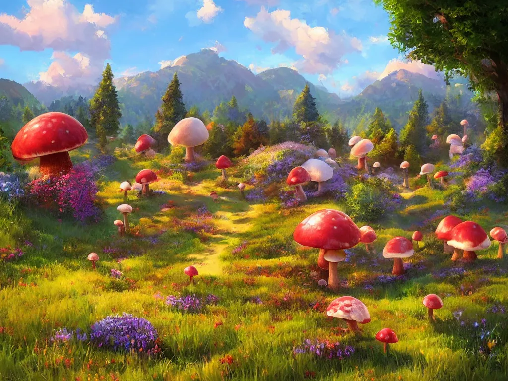 Prompt: Realistic digital art of mushroom cottage village on a colorful meadow, cottagecore vista concept art by Ed Binkley, RHADS, trending on artstation