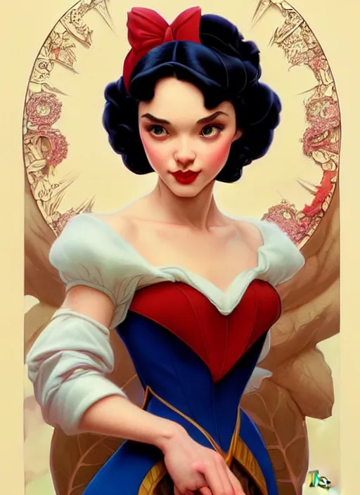 Image similar to disney snow white, intricate, elegant, highly detailed, my rendition, digital painting, artstation, concept art, smooth, sharp focus, illustration, art by artgerm and greg rutkowski and alphonse mucha and uang guangjian and gil elvgren and sachin teng, symmetry!!