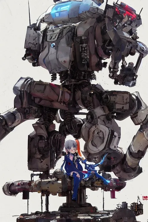 Image similar to Tank girl sitting on top of a anime mecha robot head, elegant, highly detailed, digital painting, artstation, concept art, smooth, flat brush strokes, illustration painted by Ashley wood and Bill Sienkiewicz balanced composition,