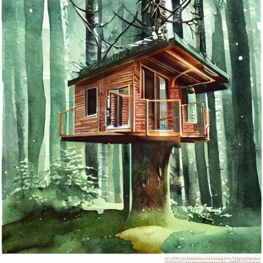 Prompt: Ramped Entrance - 'Woodnest' Cabin Is a Tiny Self-Supported Tree House in This overgrown futuristic sci-fi Norwegian Forest, Nice colour scheme, soft warm colour. Studio Gibli. Beautiful detailed watercolor by Lurid. (2022)