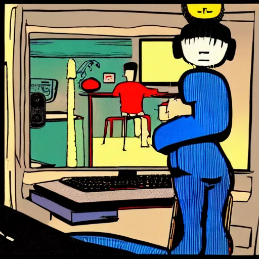 Image similar to a computer nerd in front of computer in cluttered bedroom, by jamie hewlett, small details, aesthetic,