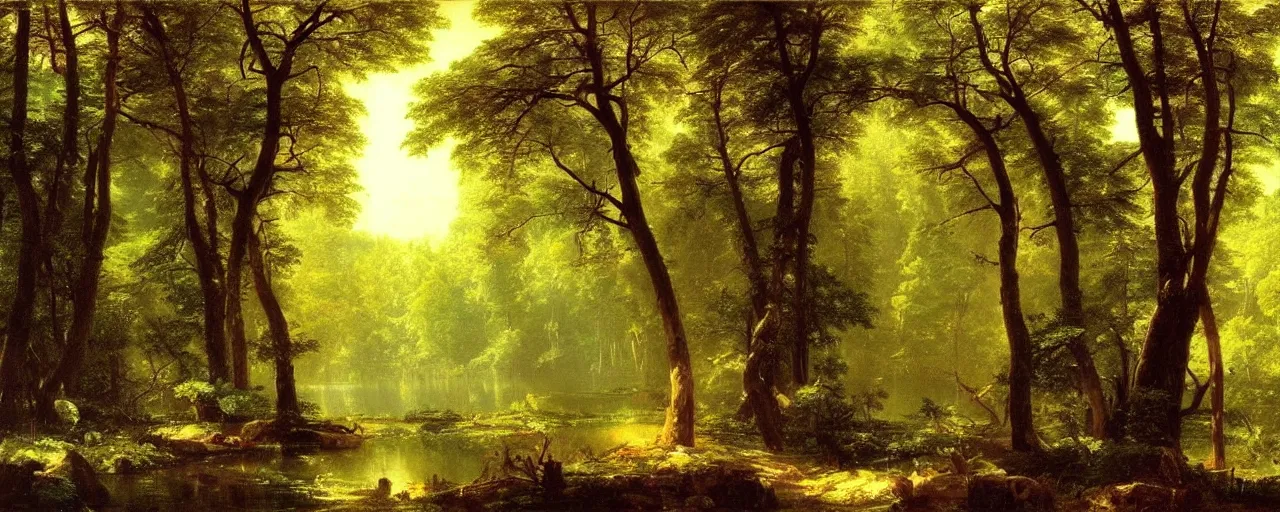 Image similar to beautiful forest scenery, painting by albert bierstadt and thomas cole