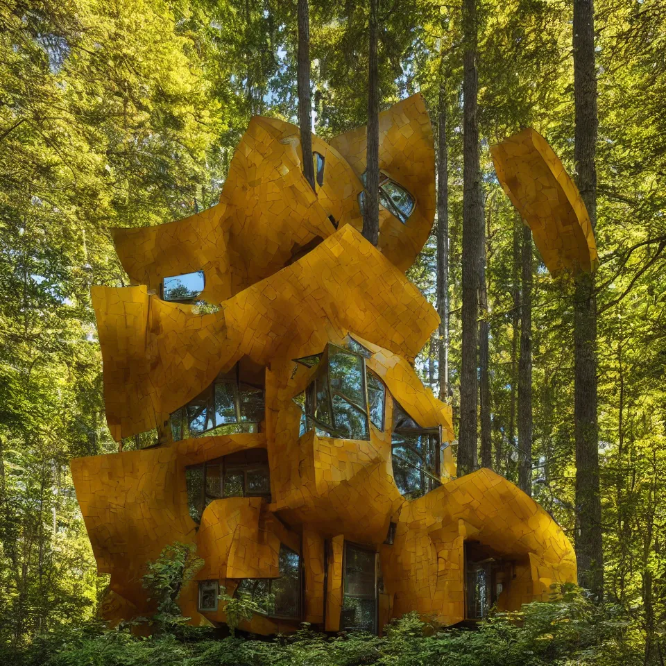 Image similar to a tiny house in the forest, designed by Frank Gehry. Tiles. Film grain, cinematic, yellow hue